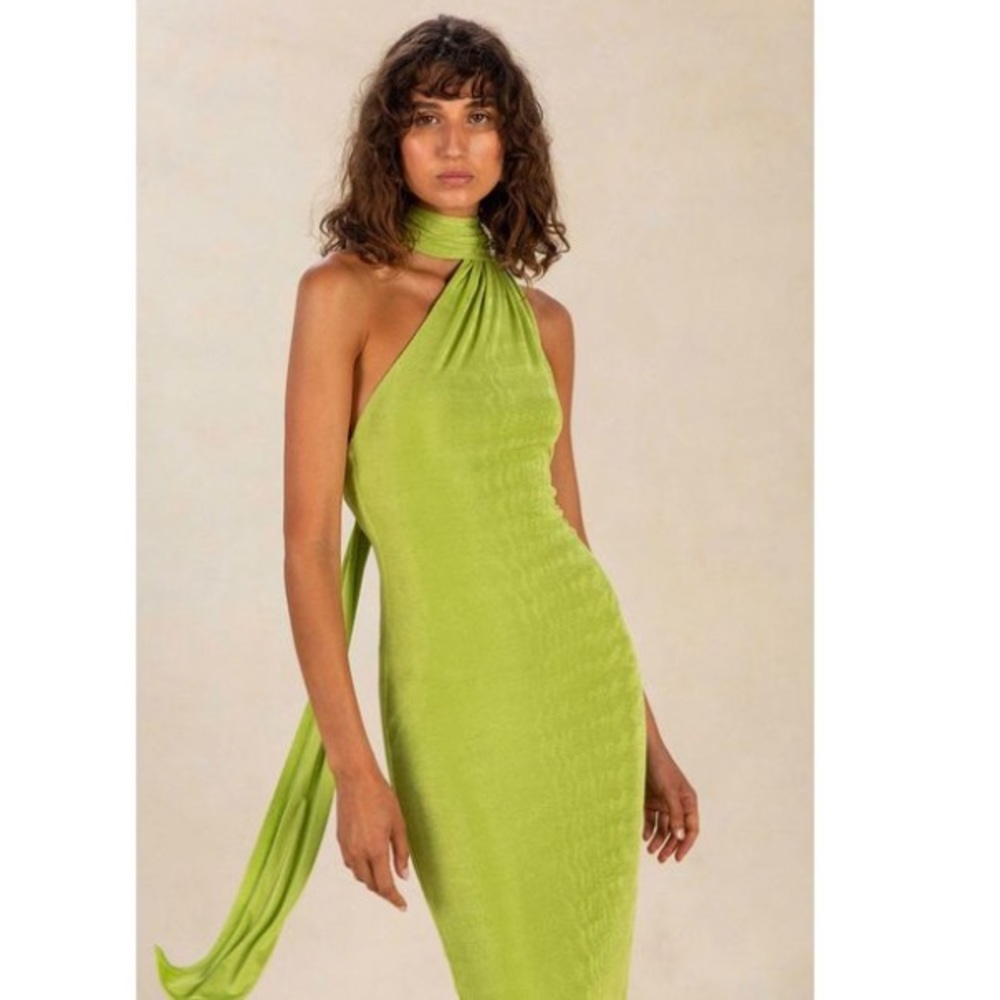 NWT $320 MISHA NICOLLETTE SLINKY JERSEY MIDI DRESS Lime daiquiri SZ 4